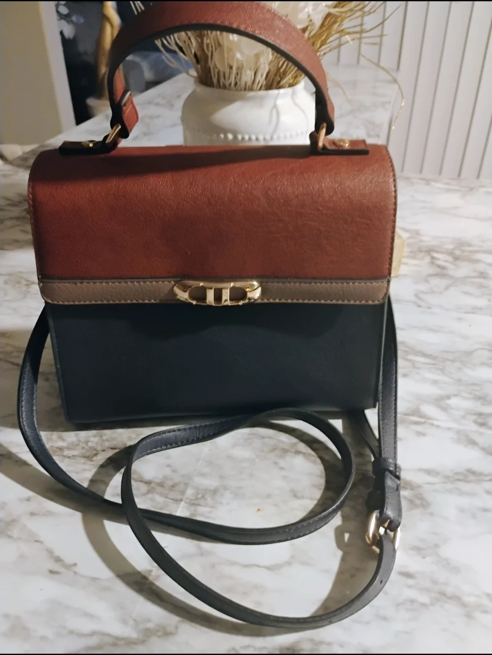 Dune London Tricolor Structured Top-Handle Satchel - Brown, Black & Tan